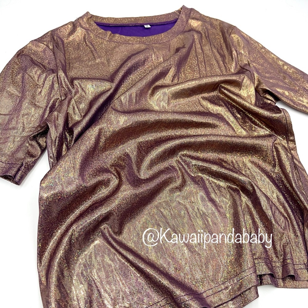 Y2K 00s Style Purple Gold Shimmer Holographic Metallic Lizzie McGuire T Shirt